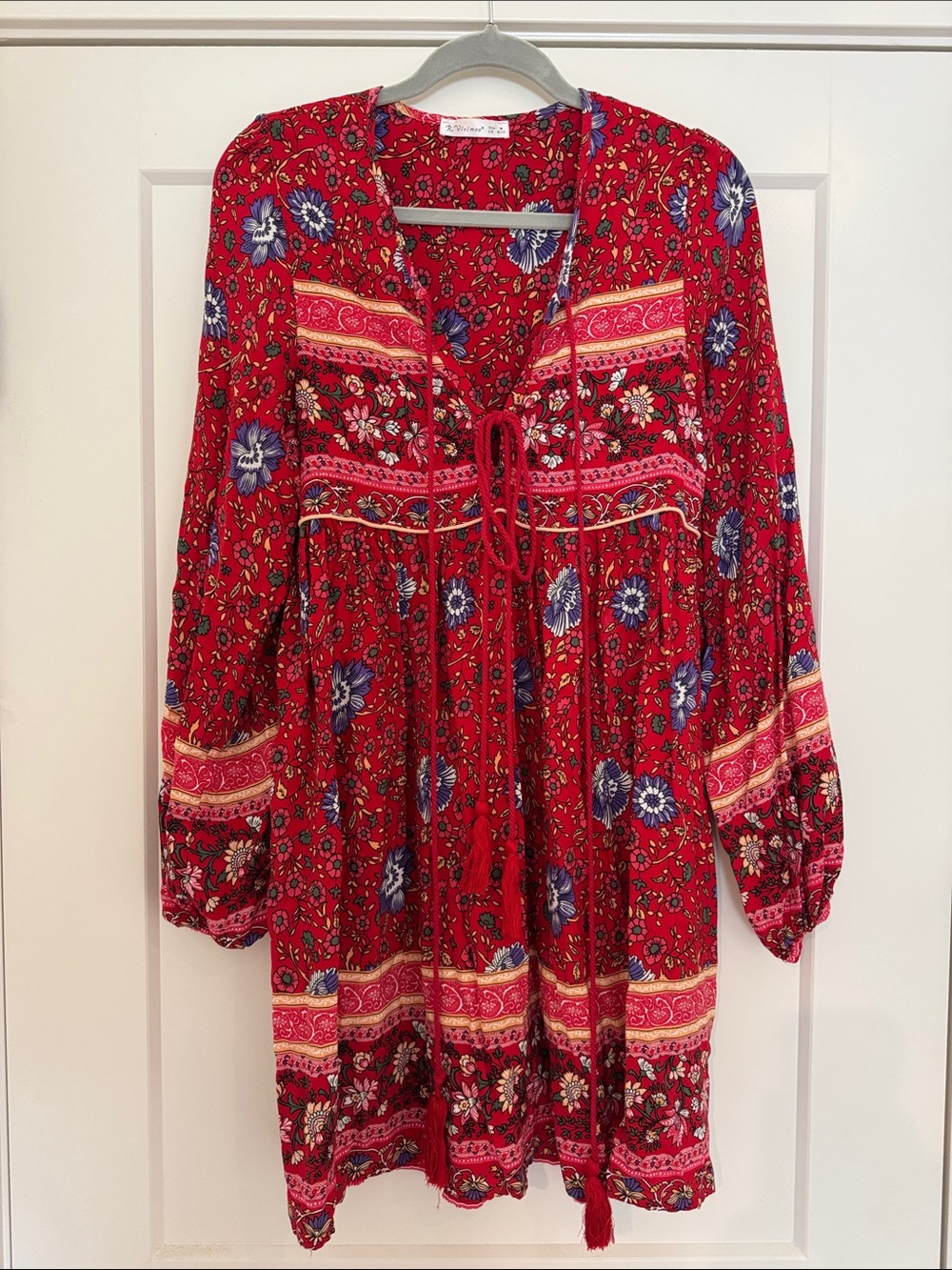 Boho Red Floral Long-Sleeve Tie-Front Dress
